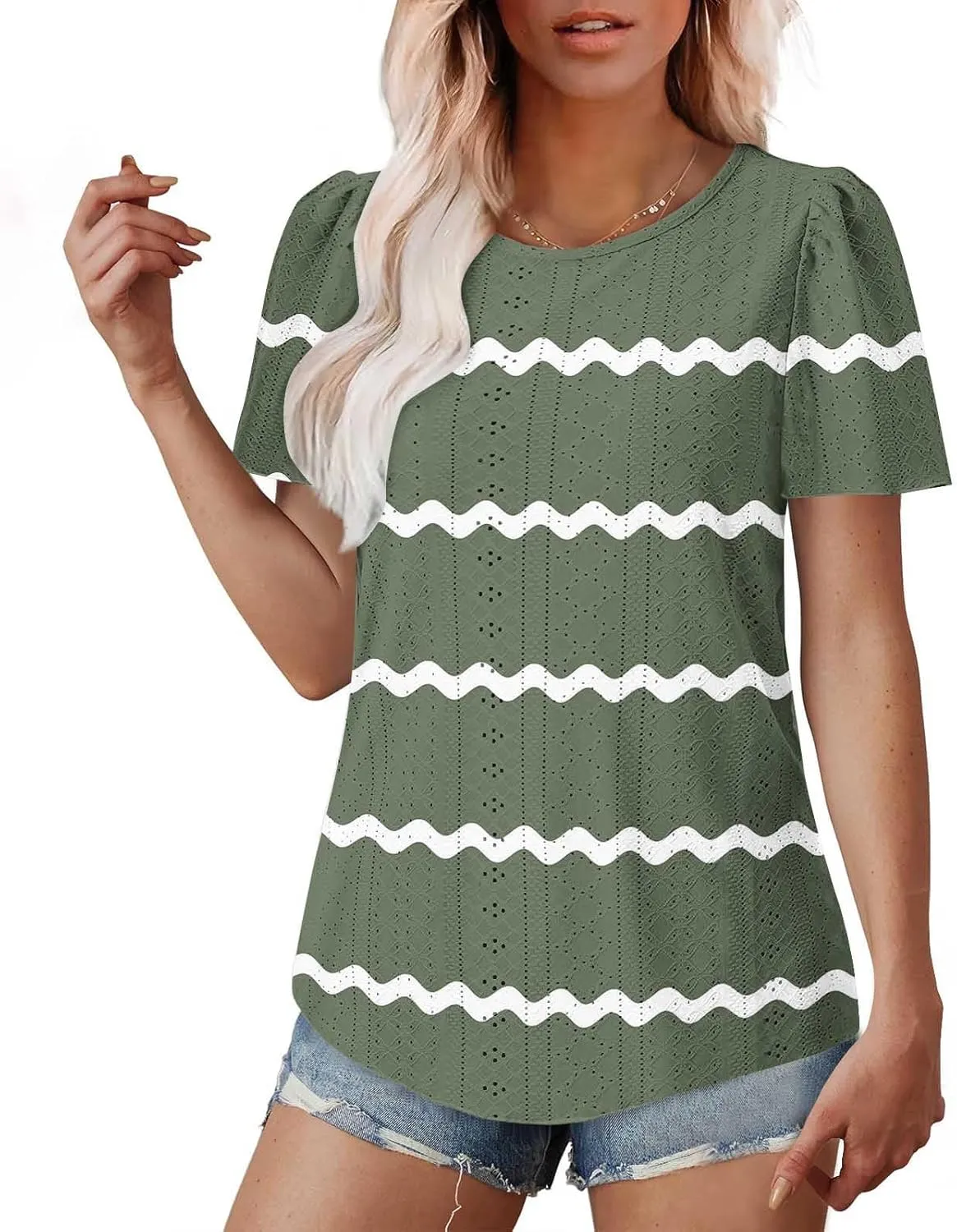 Womens Eyelet Shirts Short Sleeve Crewneck Tops Summer Casual Loose Fit Tunic Blouses Daily Work Basic Tees