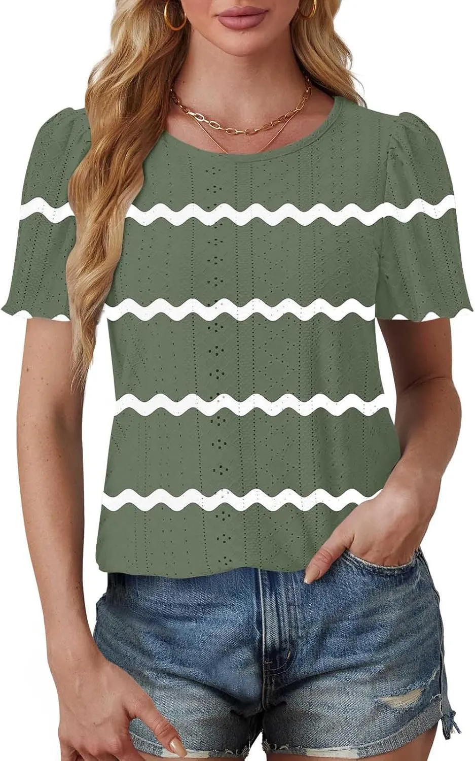 Womens Eyelet Shirts Short Sleeve Crewneck Tops Summer Casual Loose Fit Tunic Blouses Daily Work Basic Tees