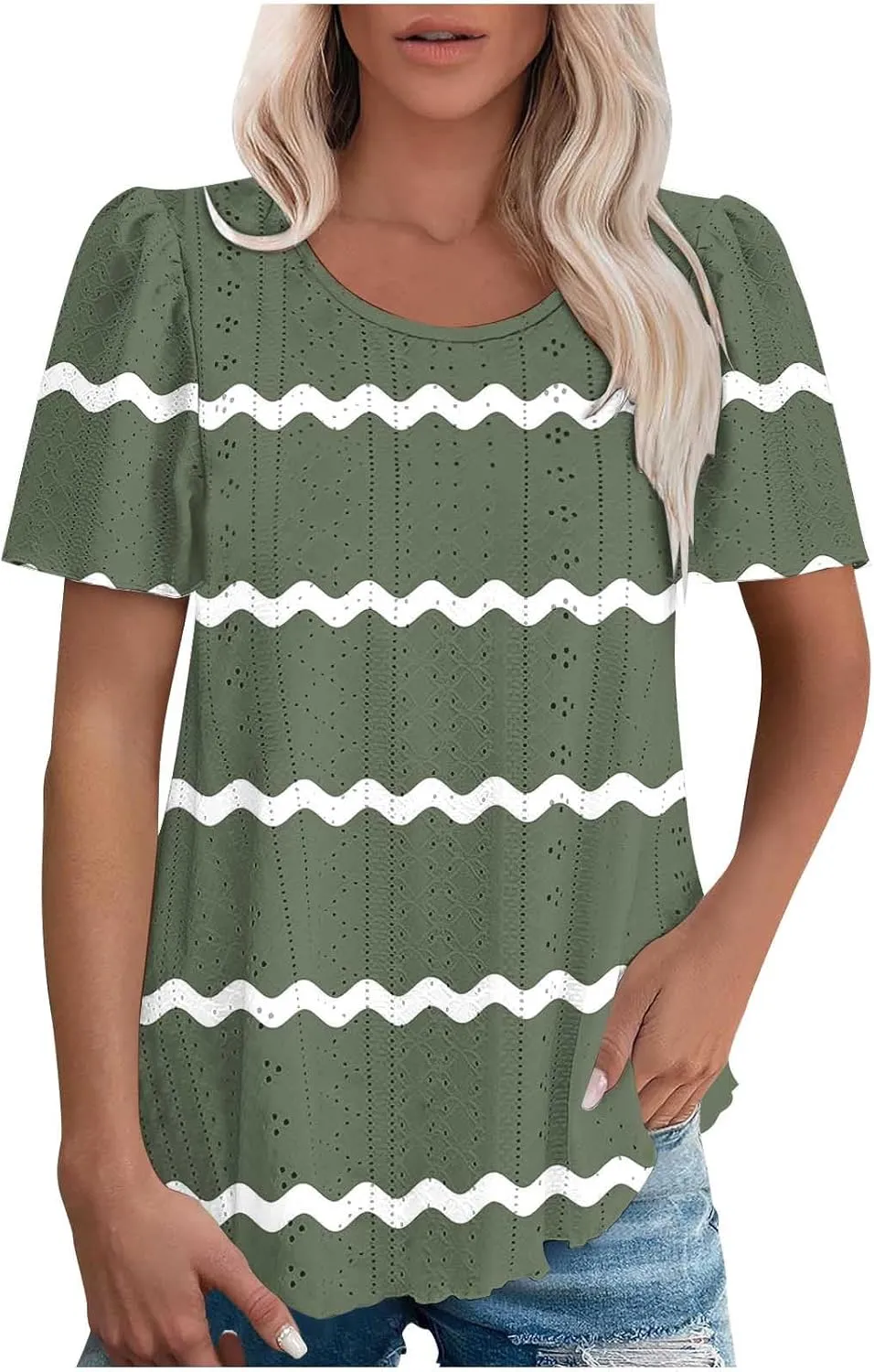 Womens Eyelet Shirts Short Sleeve Crewneck Tops Summer Casual Loose Fit Tunic Blouses Daily Work Basic Tees