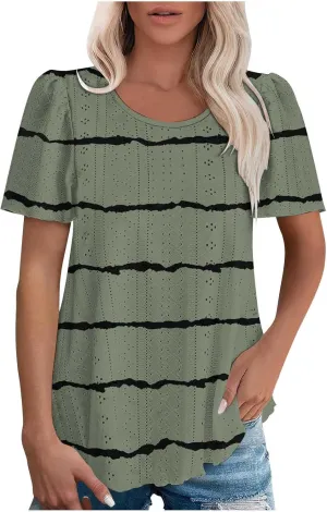 Womens Eyelet Shirts Short Sleeve Crewneck Tops Summer Casual Loose Fit Tunic Blouses Daily Work Basic Tees