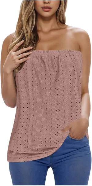 Women's Eyelet Tube Tops Strapless Bandeau Tank Top Casual Summer Sleeveless Shirts Loose Casual Basic Tees
