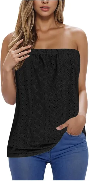 Women's Eyelet Tube Tops Strapless Bandeau Tank Top Casual Summer Sleeveless Shirts Loose Casual Basic Tees