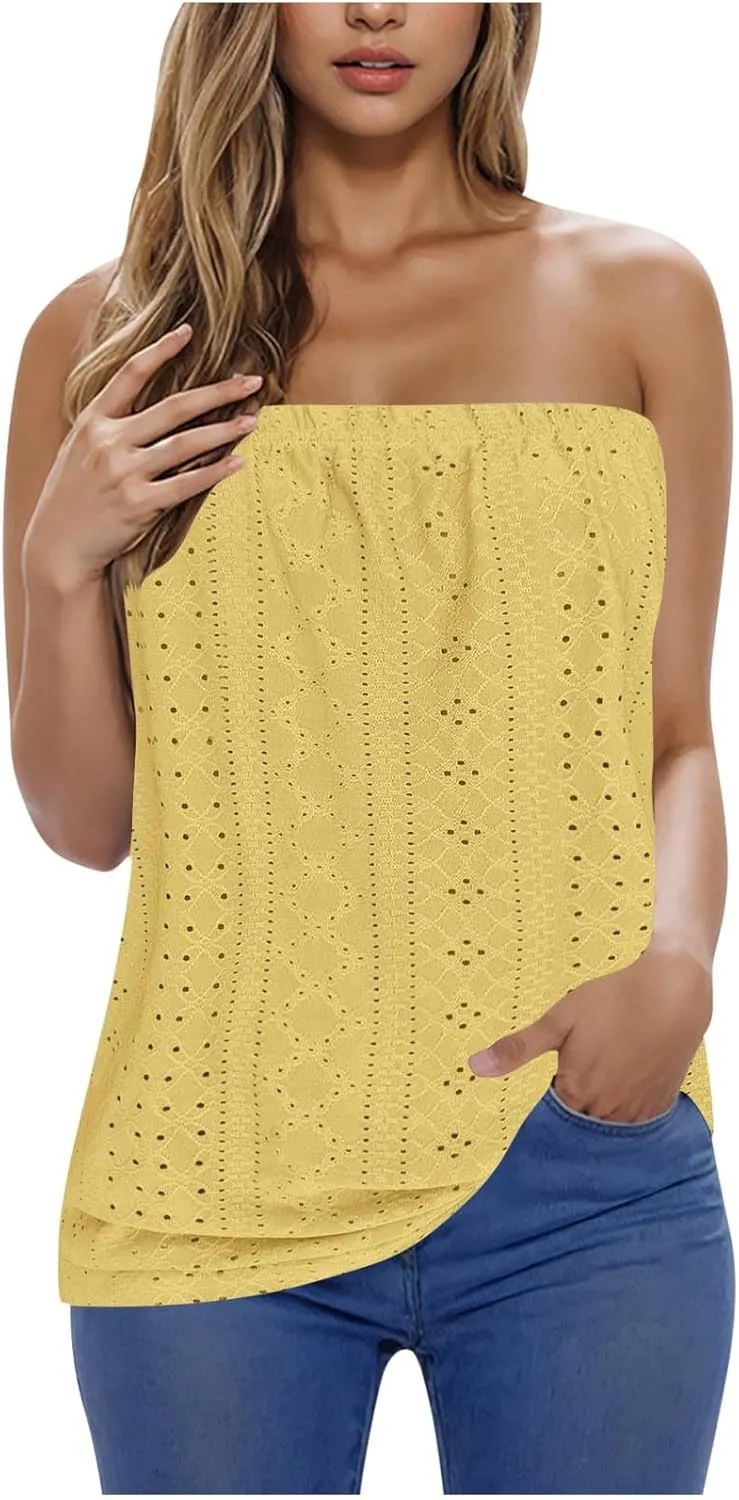 Women's Eyelet Tube Tops Strapless Bandeau Tank Top Casual Summer Sleeveless Shirts Loose Casual Basic Tees