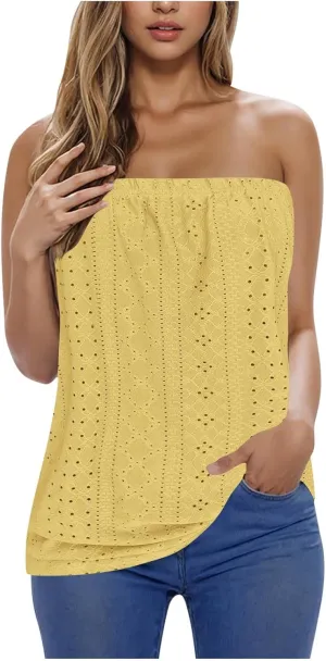Women's Eyelet Tube Tops Strapless Bandeau Tank Top Casual Summer Sleeveless Shirts Loose Casual Basic Tees