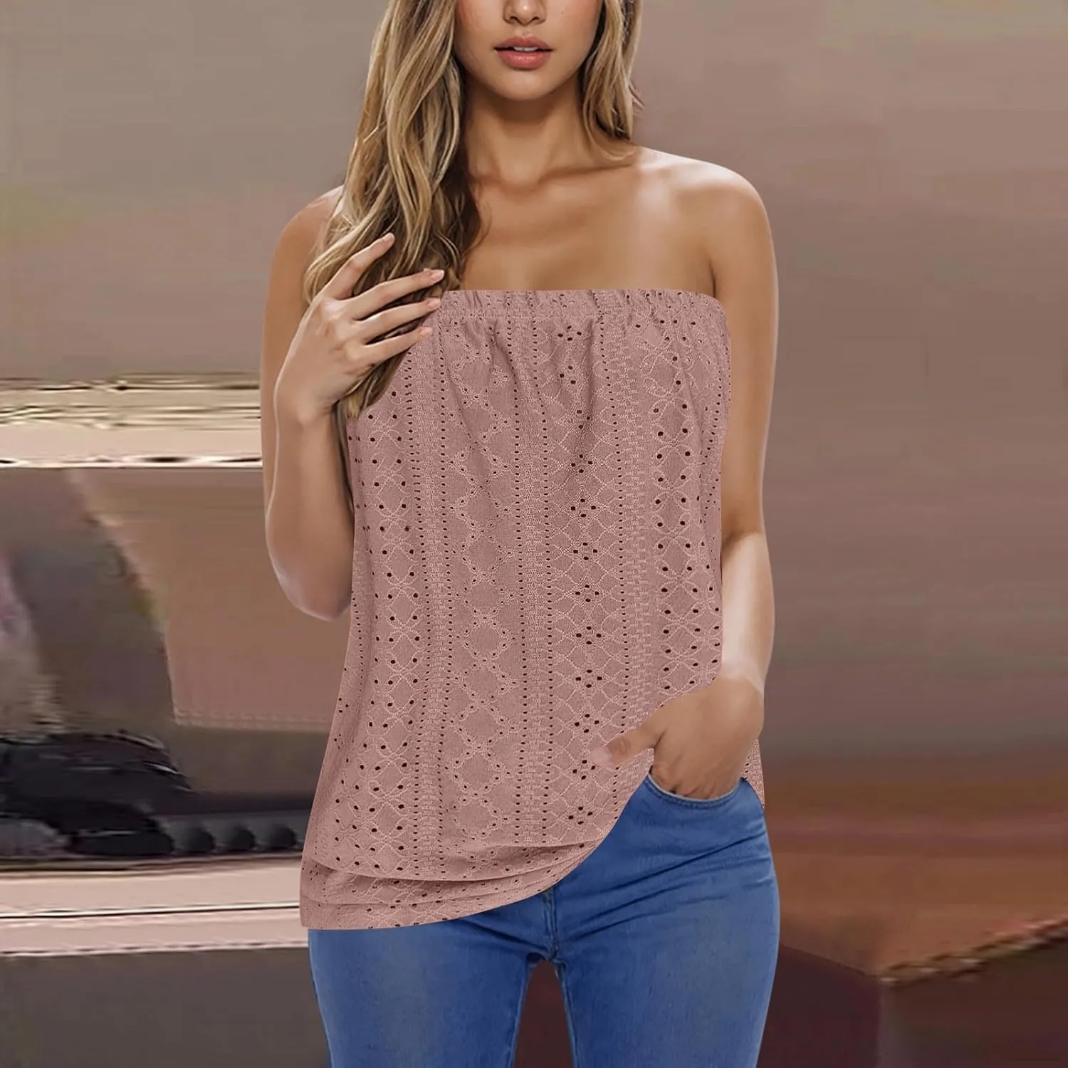 Women's Eyelet Tube Tops Strapless Bandeau Tank Top Casual Summer Sleeveless Shirts Loose Casual Basic Tees