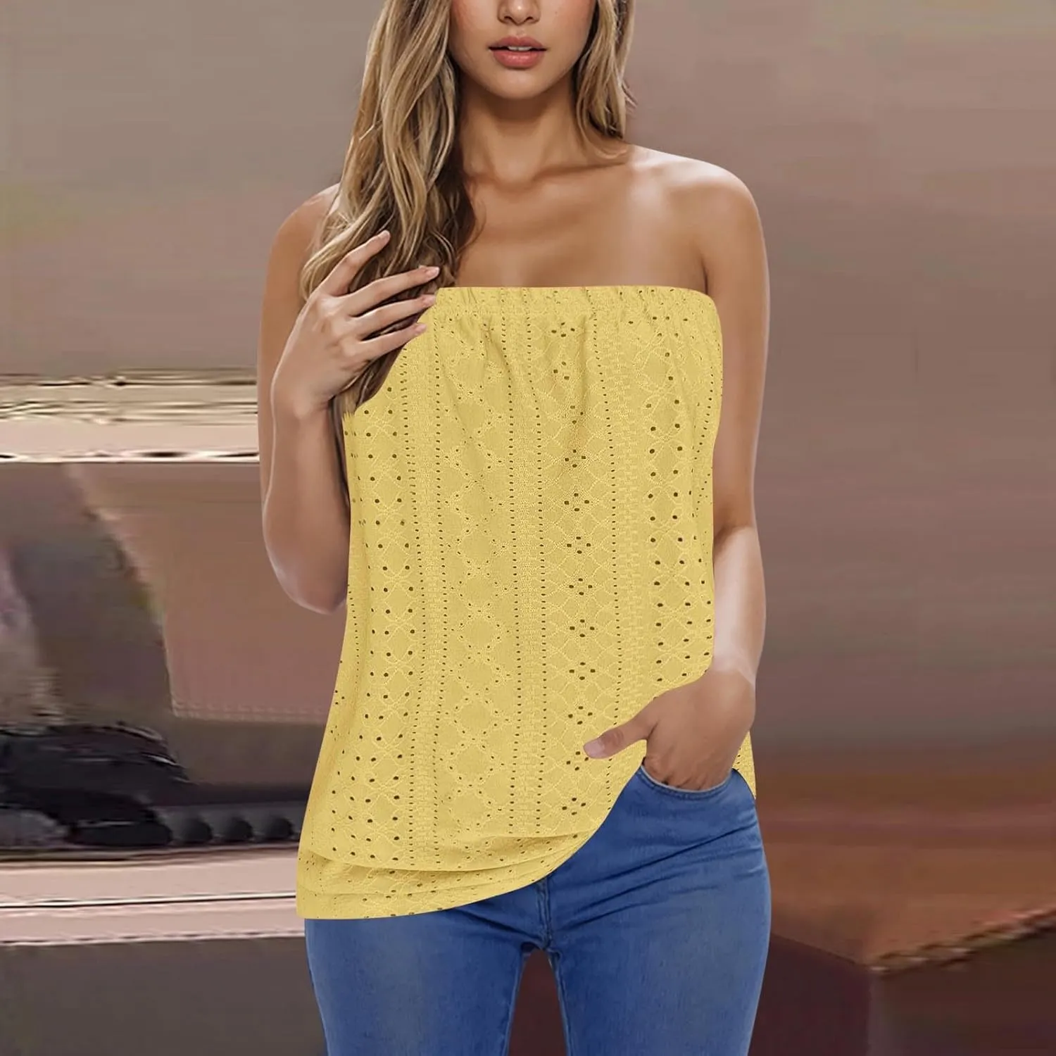 Women's Eyelet Tube Tops Strapless Bandeau Tank Top Casual Summer Sleeveless Shirts Loose Casual Basic Tees