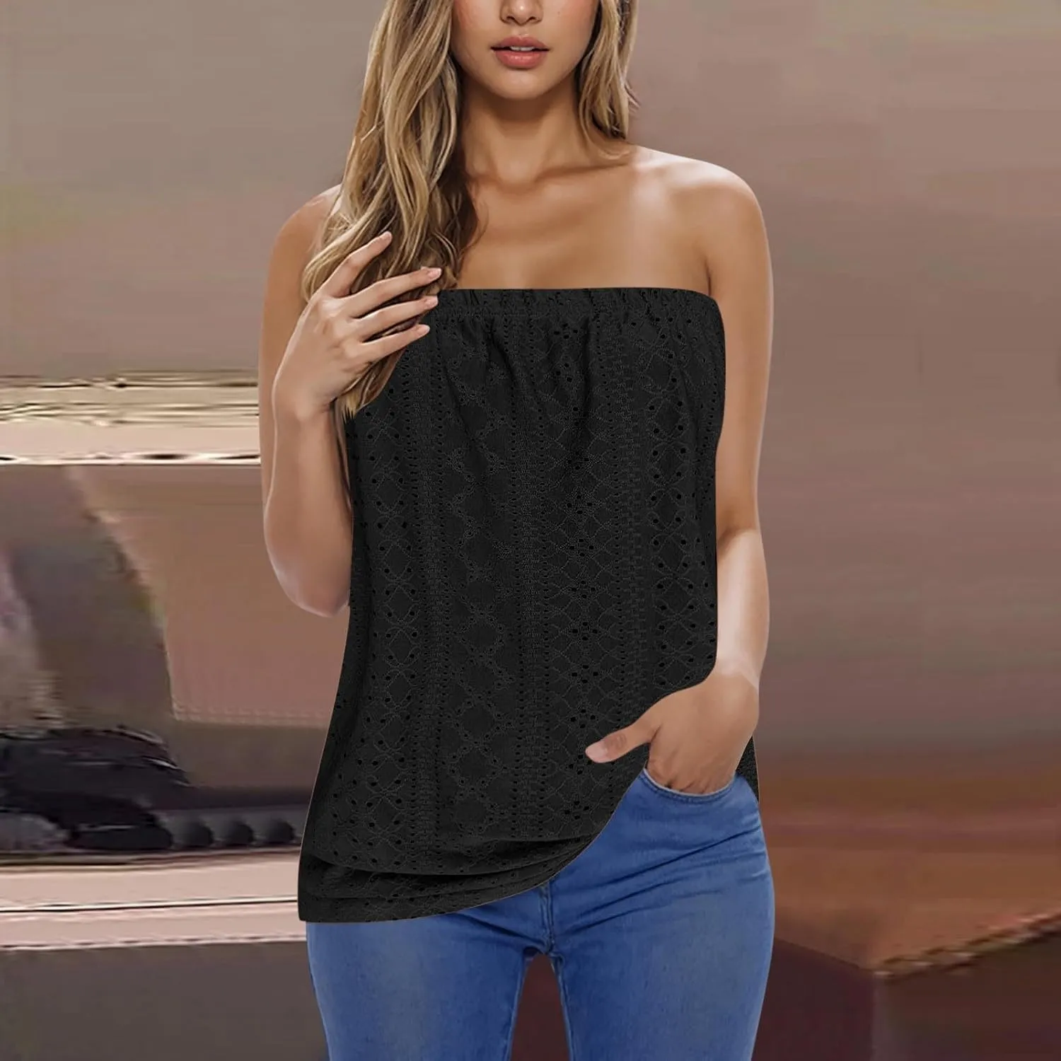 Women's Eyelet Tube Tops Strapless Bandeau Tank Top Casual Summer Sleeveless Shirts Loose Casual Basic Tees