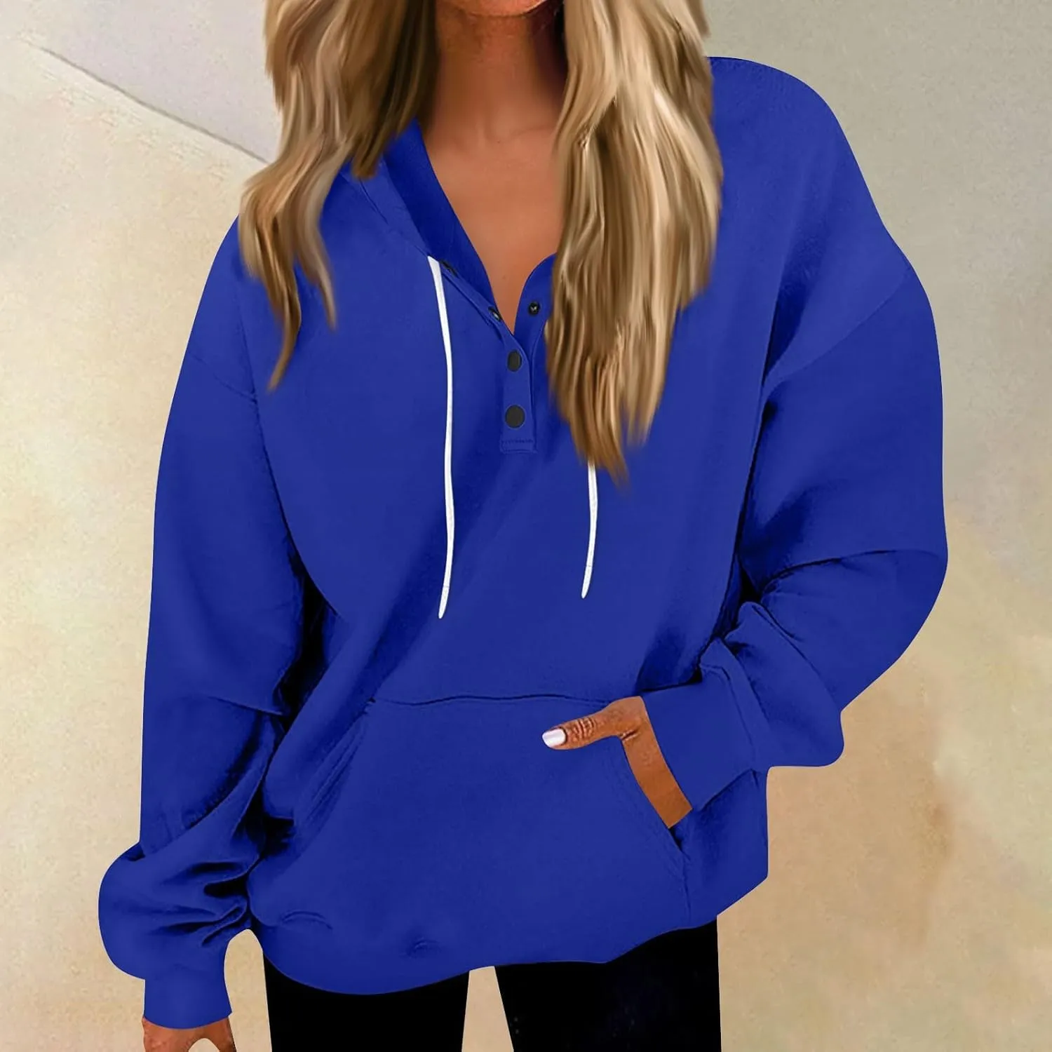 Womens Fleece Button Oversized Sweatshirt Drawstring Lightweight Baggy Hoodie Drop Shoulder Hooded Pullover w/Pockets