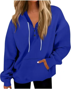 Womens Fleece Button Oversized Sweatshirt Drawstring Lightweight Baggy Hoodie Drop Shoulder Hooded Pullover w/Pockets