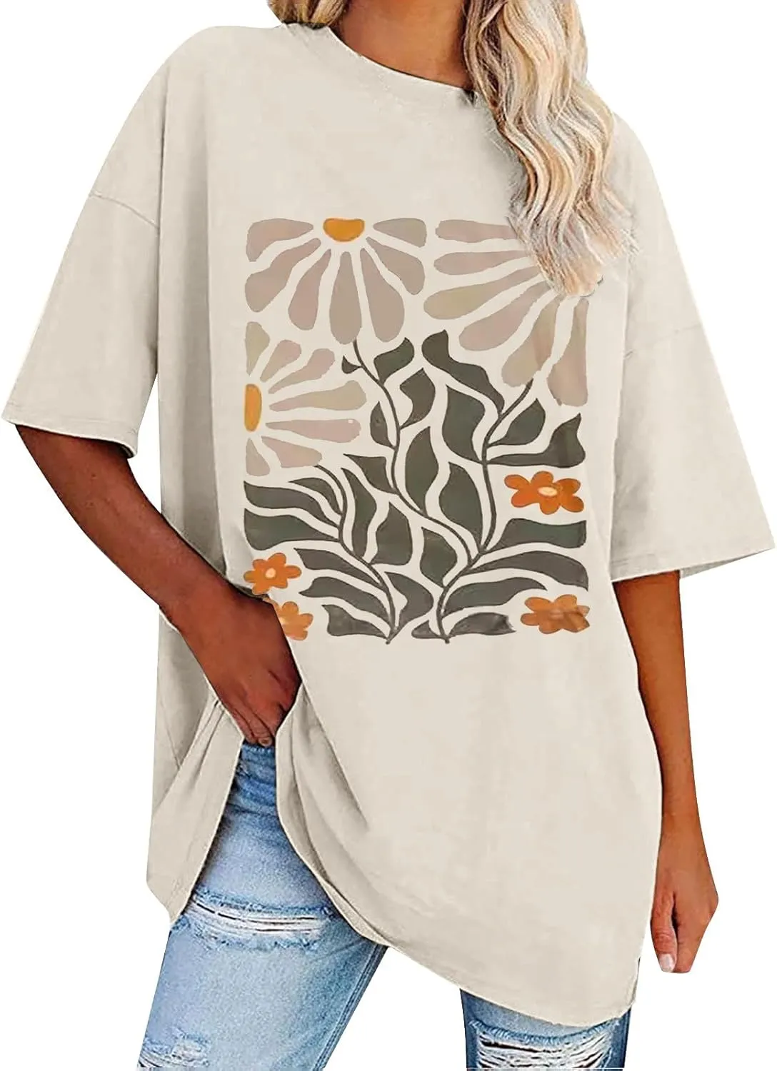 Womens Flower Graphic Oversized Tshirt Loose Crewneck Short Sleeve Tees Plus Size Athletic Spring Casual Tunic Tops