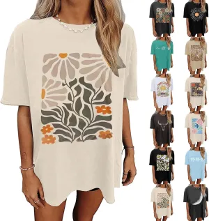 Womens Flower Graphic Oversized Tshirt Loose Crewneck Short Sleeve Tees Plus Size Athletic Spring Casual Tunic Tops