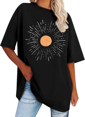 Womens Flower Graphic Oversized Tshirt Loose Crewneck Short Sleeve Tees Plus Size Athletic Spring Casual Tunic Tops