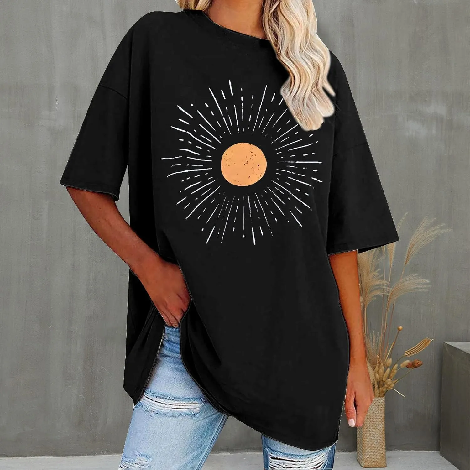 Womens Flower Graphic Oversized Tshirt Loose Crewneck Short Sleeve Tees Plus Size Athletic Spring Casual Tunic Tops
