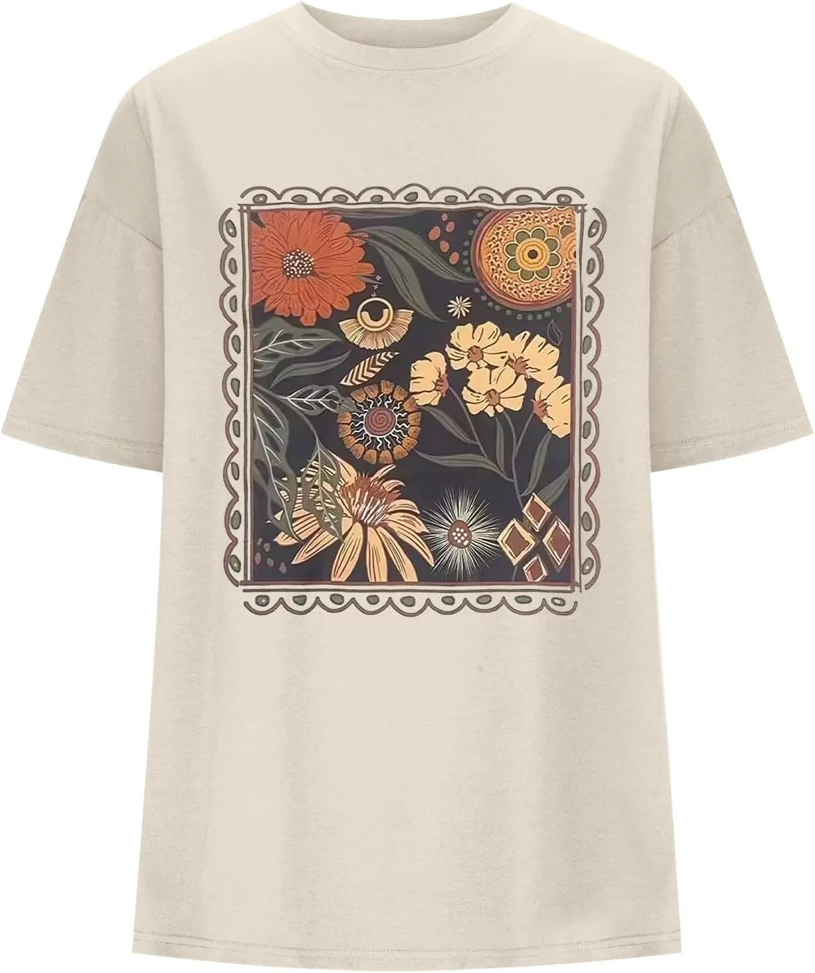 Womens Flower Graphic Oversized Tshirt Loose Crewneck Short Sleeve Tees Plus Size Athletic Spring Casual Tunic Tops