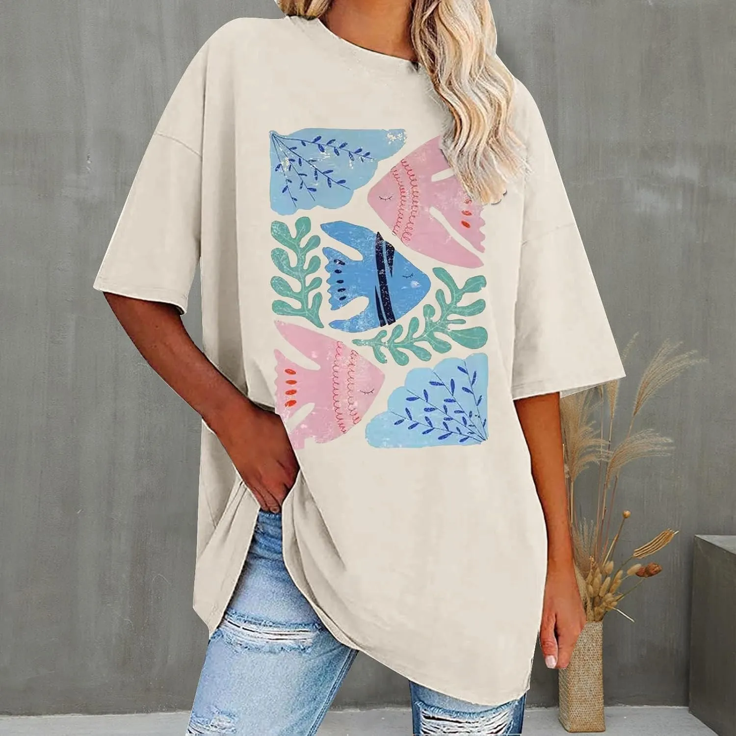 Womens Flower Graphic Oversized Tshirt Loose Crewneck Short Sleeve Tees Plus Size Athletic Spring Casual Tunic Tops
