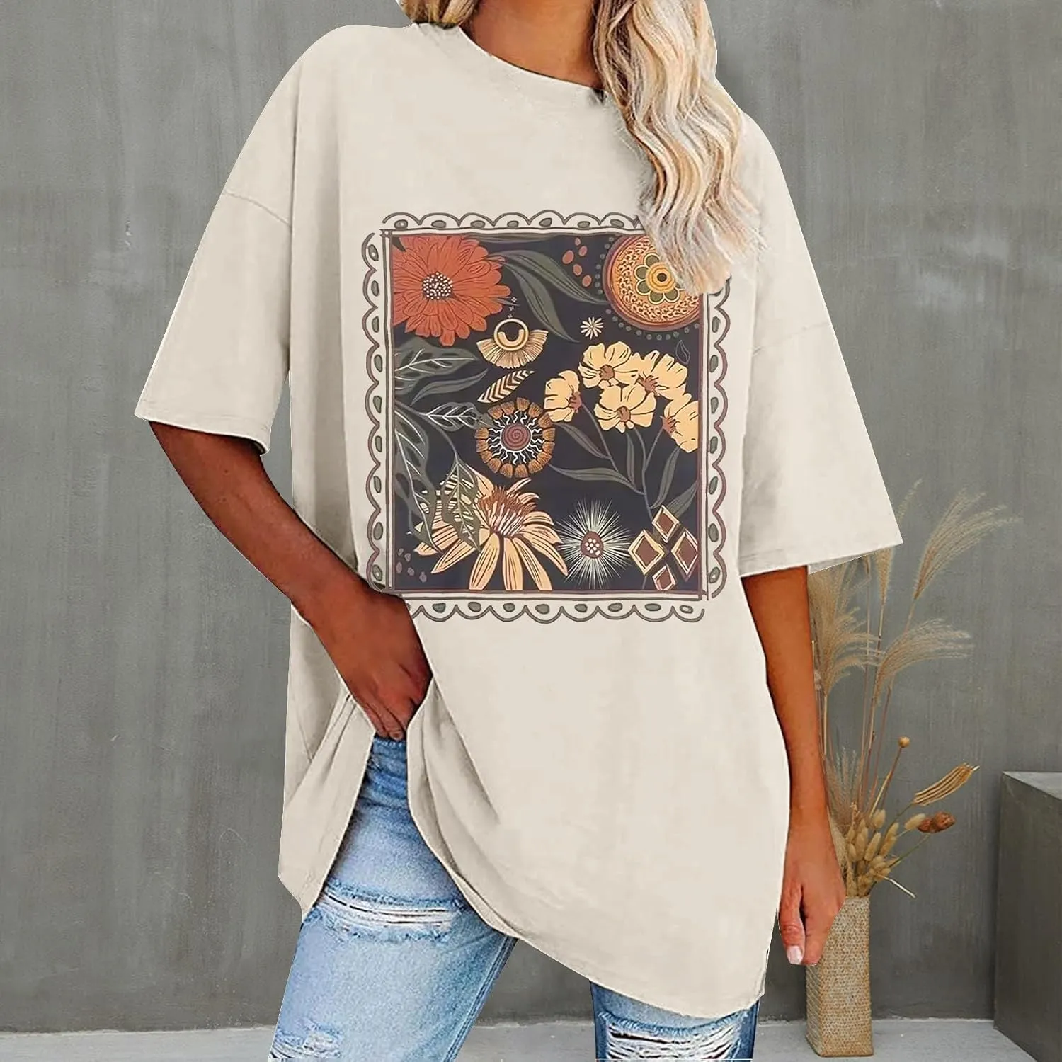 Womens Flower Graphic Oversized Tshirt Loose Crewneck Short Sleeve Tees Plus Size Athletic Spring Casual Tunic Tops