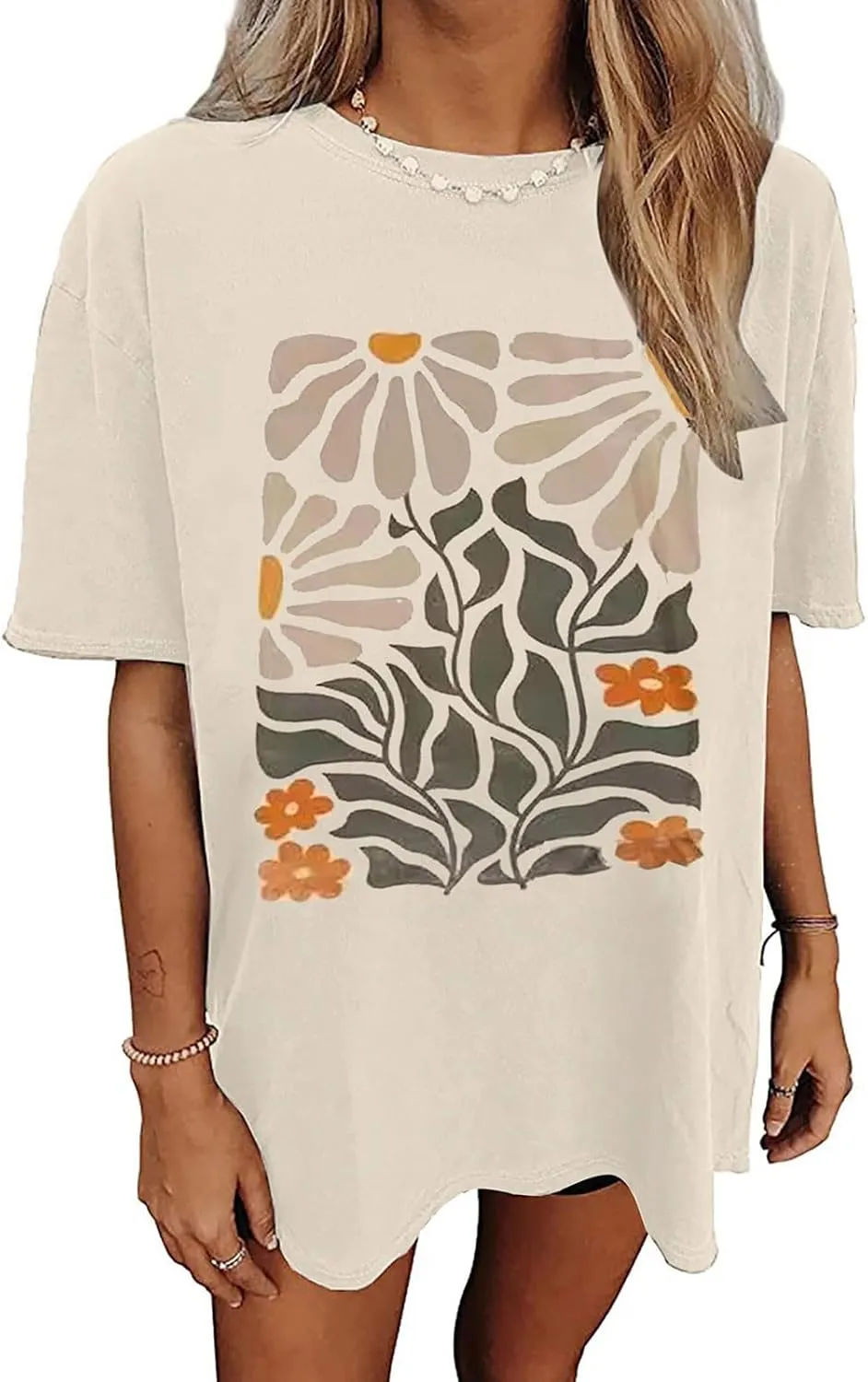 Womens Flower Graphic Oversized Tshirt Loose Crewneck Short Sleeve Tees Plus Size Athletic Spring Casual Tunic Tops