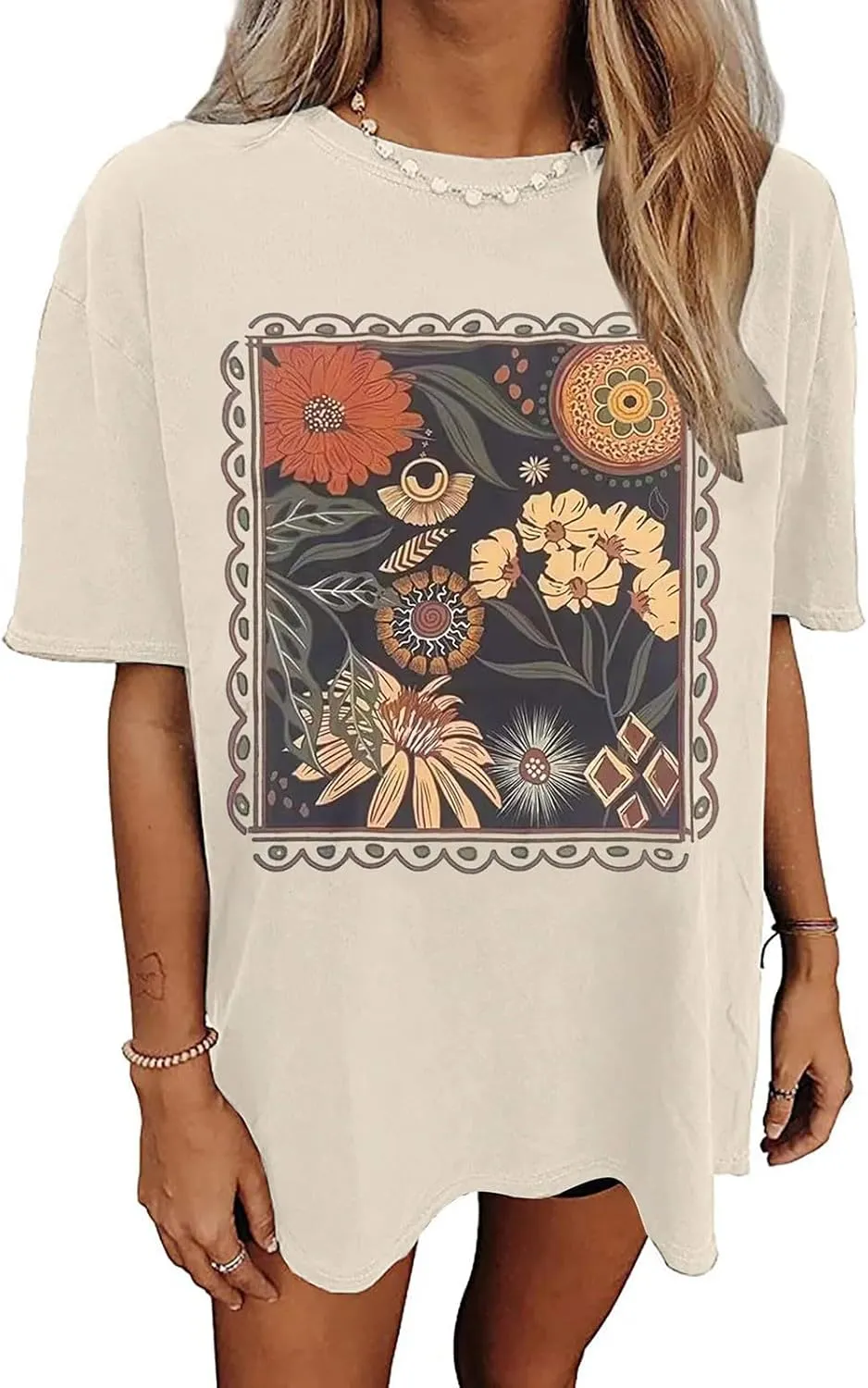 Womens Flower Graphic Oversized Tshirt Loose Crewneck Short Sleeve Tees Plus Size Athletic Spring Casual Tunic Tops