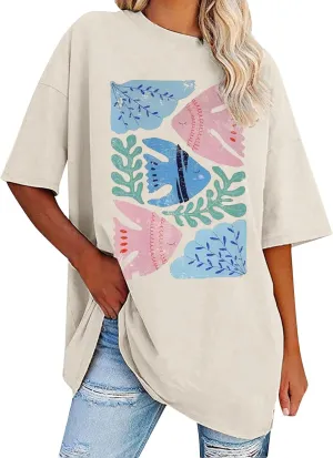 Womens Flower Graphic Oversized Tshirt Loose Crewneck Short Sleeve Tees Plus Size Athletic Spring Casual Tunic Tops