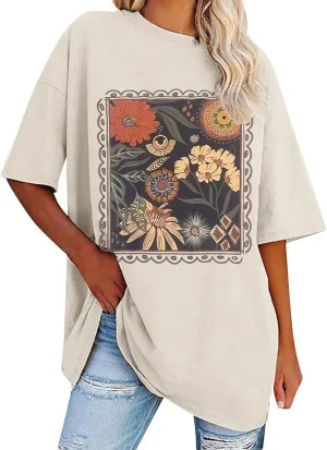 Womens Flower Graphic Oversized Tshirt Loose Crewneck Short Sleeve Tees Plus Size Athletic Spring Casual Tunic Tops