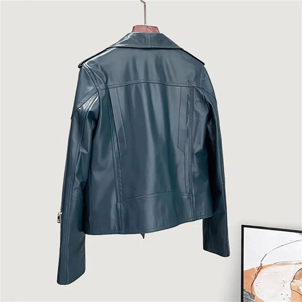 Womens Genuine Leather Short Jacket Notched Lapel Motorcycle Sheepskin Jacket Casual Coats