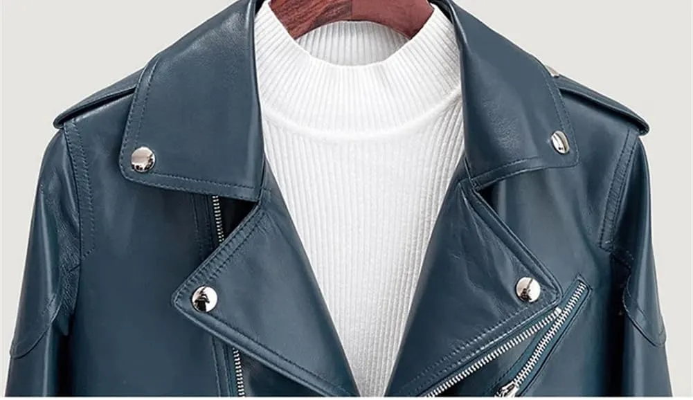 Womens Genuine Leather Short Jacket Notched Lapel Motorcycle Sheepskin Jacket Casual Coats