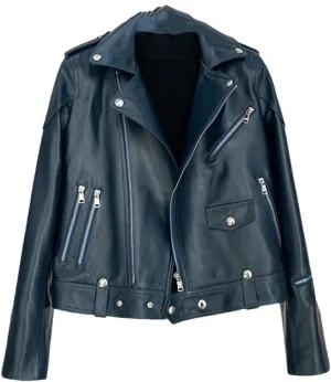 Womens Genuine Leather Short Jacket Notched Lapel Motorcycle Sheepskin Jacket Casual Coats