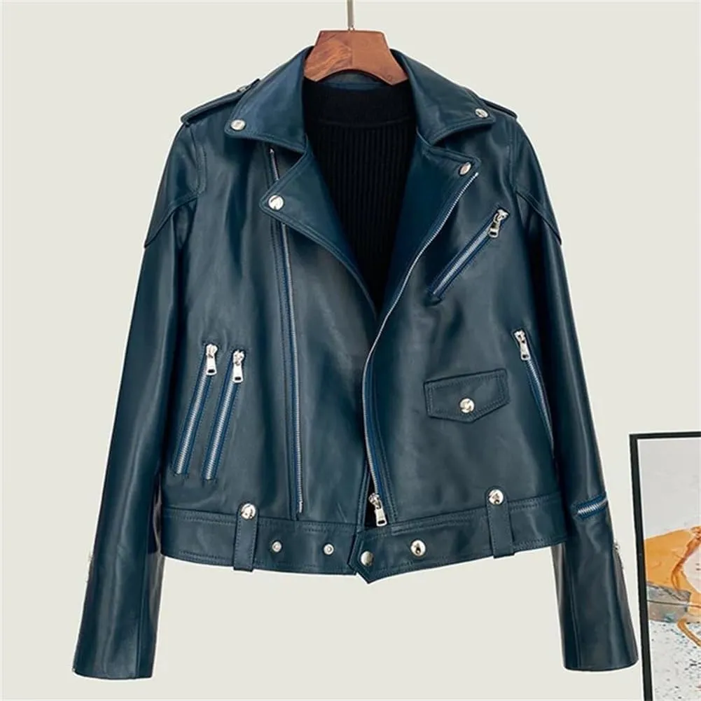 Womens Genuine Leather Short Jacket Notched Lapel Motorcycle Sheepskin Jacket Casual Coats