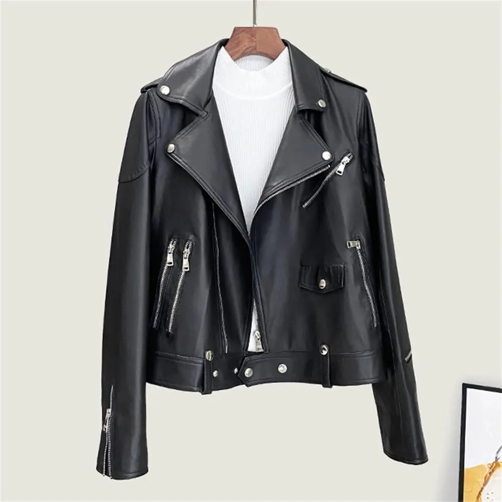 Womens Genuine Leather Short Jacket Notched Lapel Motorcycle Sheepskin Jacket Casual Coats