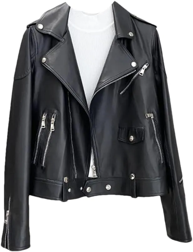 Womens Genuine Leather Short Jacket Notched Lapel Motorcycle Sheepskin Jacket Casual Coats