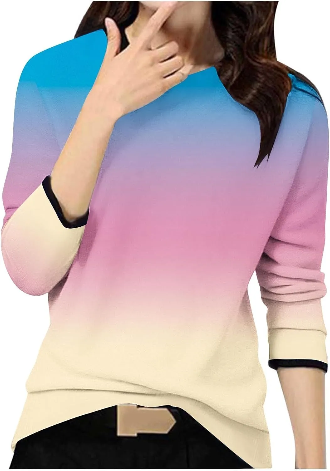 Women's Gradient Oversized Pullover Tops Spring Fashion Casual Blouses Crewneck Long Sleeve T Shirts Loose Tunic Tees