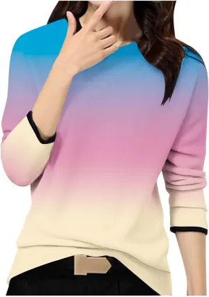 Women's Gradient Oversized Pullover Tops Spring Fashion Casual Blouses Crewneck Long Sleeve T Shirts Loose Tunic Tees