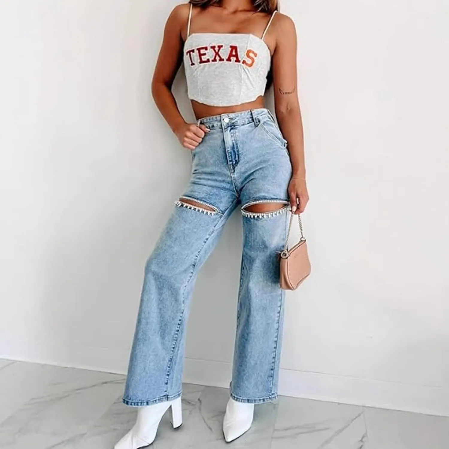 Women's high Waist Loose Stretch Ripped Jeans Rhinestone Trim Shiny Wide Leg Straight Jeans