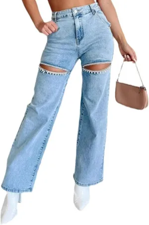 Women's high Waist Loose Stretch Ripped Jeans Rhinestone Trim Shiny Wide Leg Straight Jeans