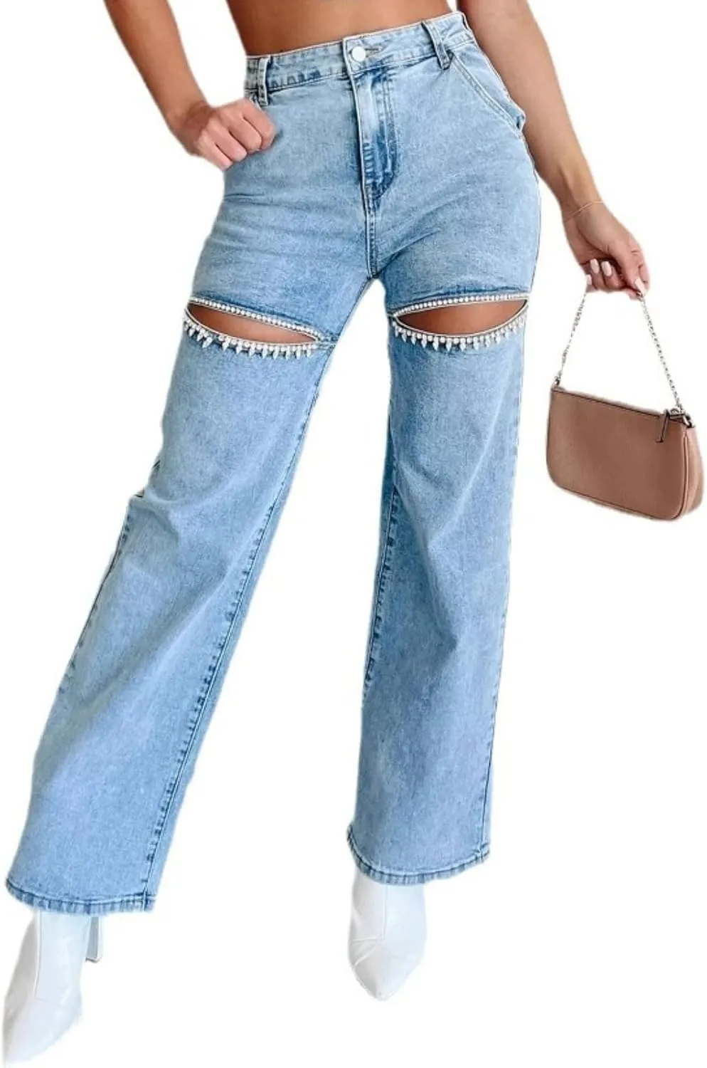 Women's high Waist Loose Stretch Ripped Jeans Rhinestone Trim Shiny Wide Leg Straight Jeans