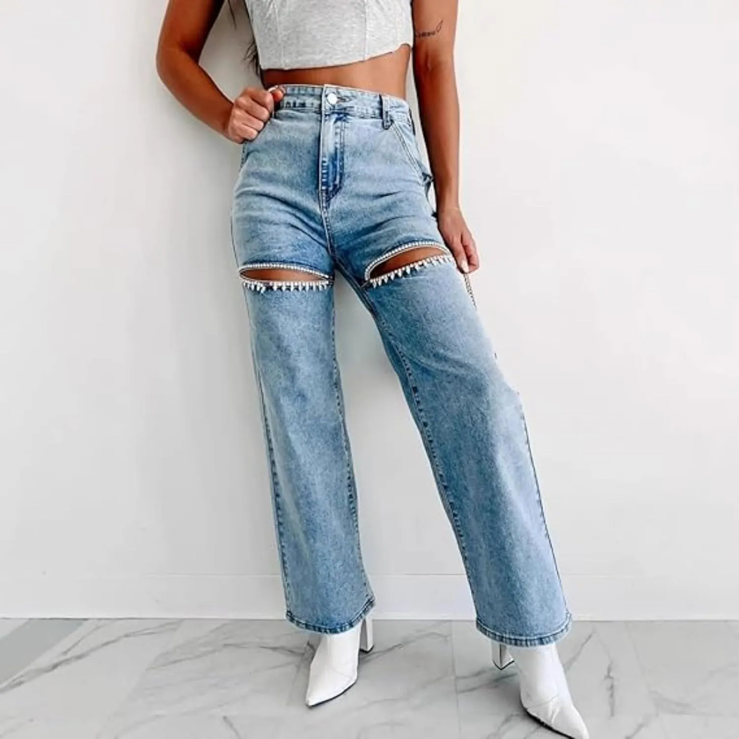 Women's high Waist Loose Stretch Ripped Jeans Rhinestone Trim Shiny Wide Leg Straight Jeans