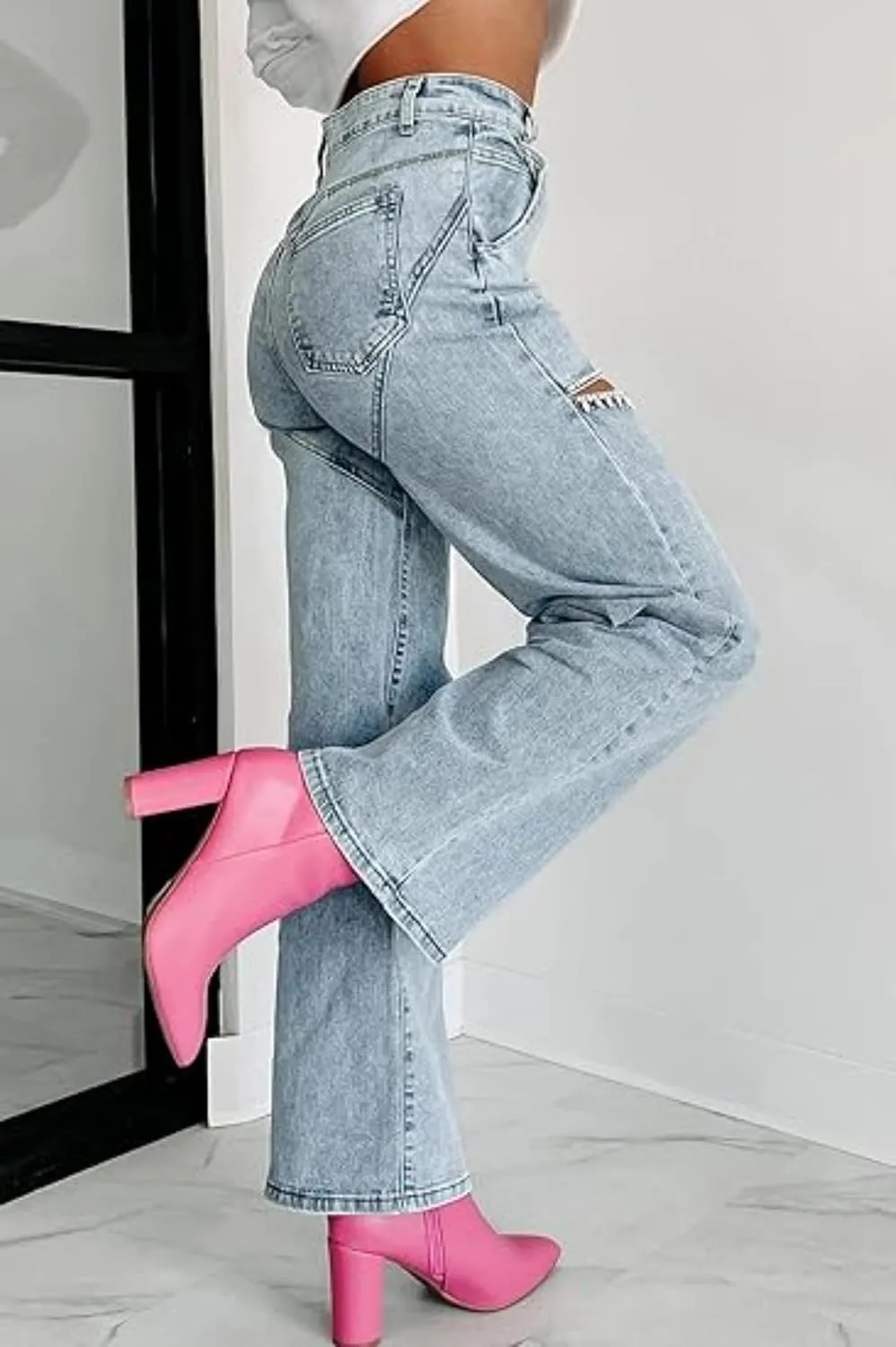 Women's high Waist Loose Stretch Ripped Jeans Rhinestone Trim Shiny Wide Leg Straight Jeans
