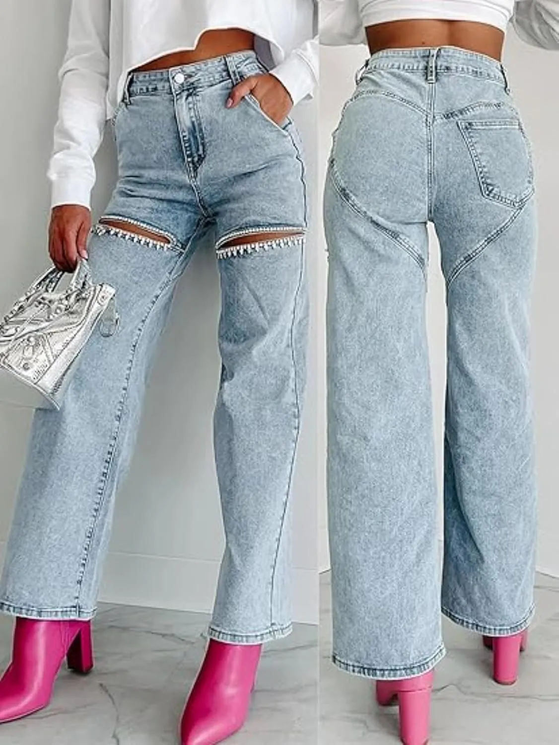 Women's high Waist Loose Stretch Ripped Jeans Rhinestone Trim Shiny Wide Leg Straight Jeans