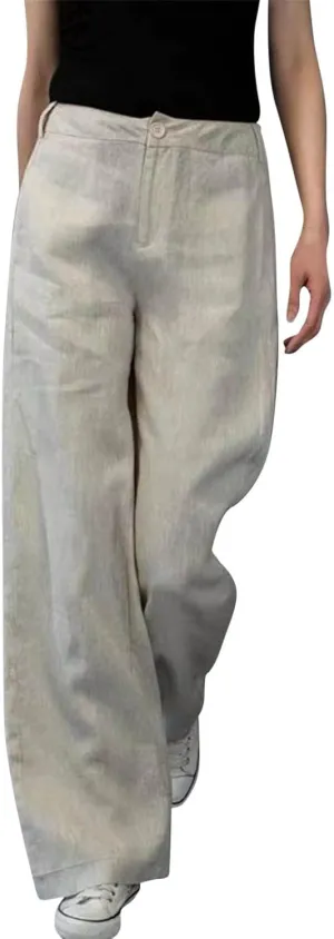 Women's High Waist Wide Leg Button Pants Cotton Lightweight Straight Leg Loose Fitted Trousers with Pockets Casual Solid Pant