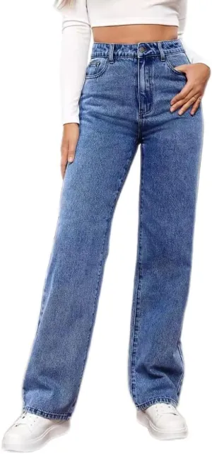 Women's High-Waisted Straight Jeans Stretch Loose Wide-Leg Denim Pants Street Casual Women's Jeans