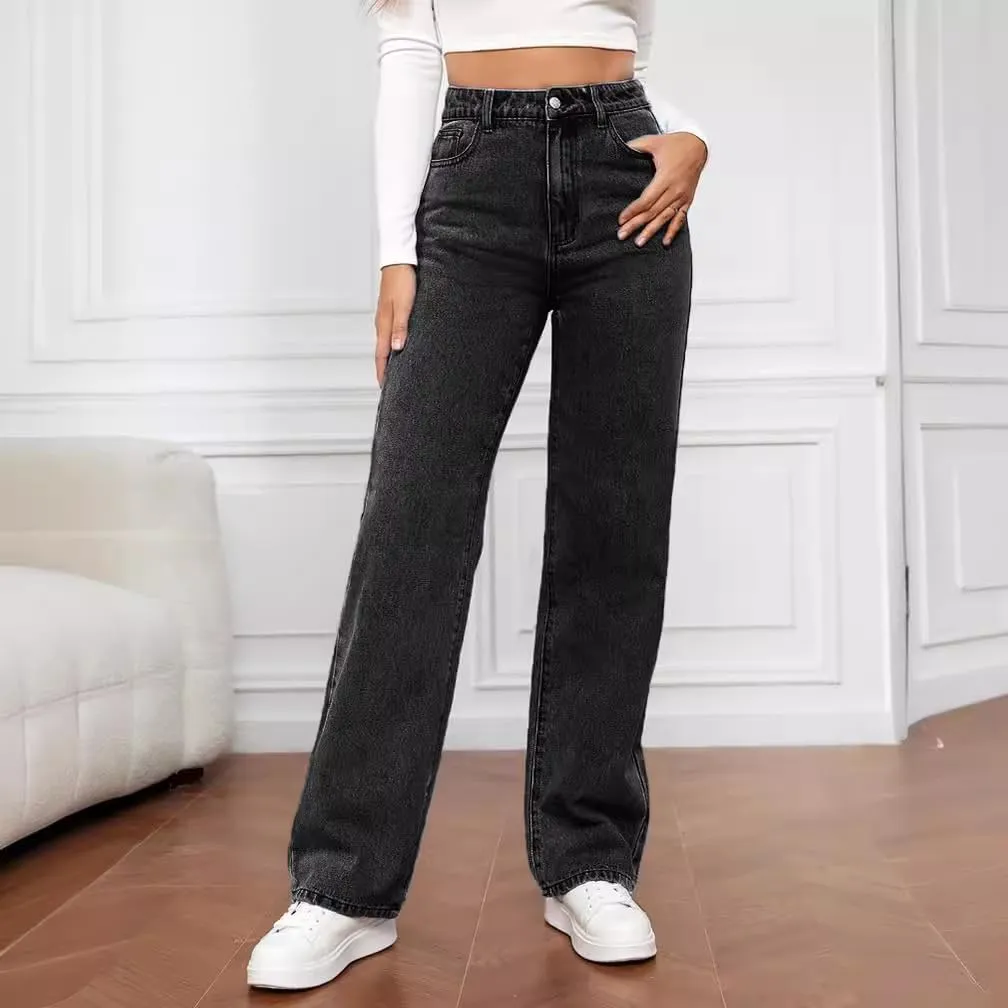 Women's High-Waisted Straight Jeans Stretch Loose Wide-Leg Denim Pants Street Casual Women's Jeans