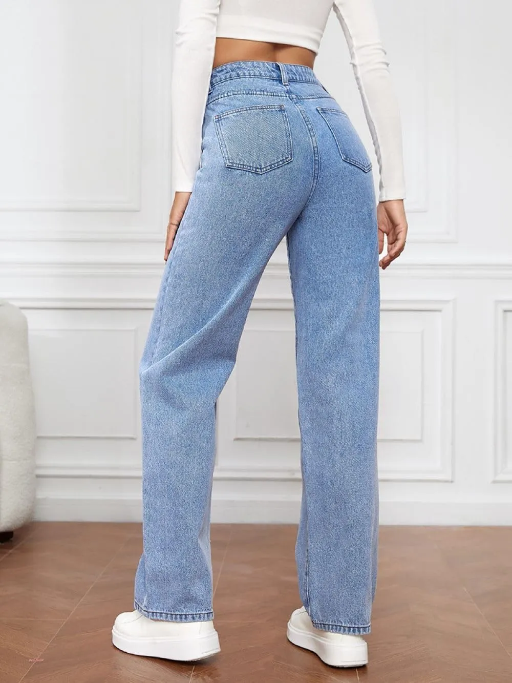 Women's High-Waisted Straight Jeans Stretch Loose Wide-Leg Denim Pants Street Casual Women's Jeans