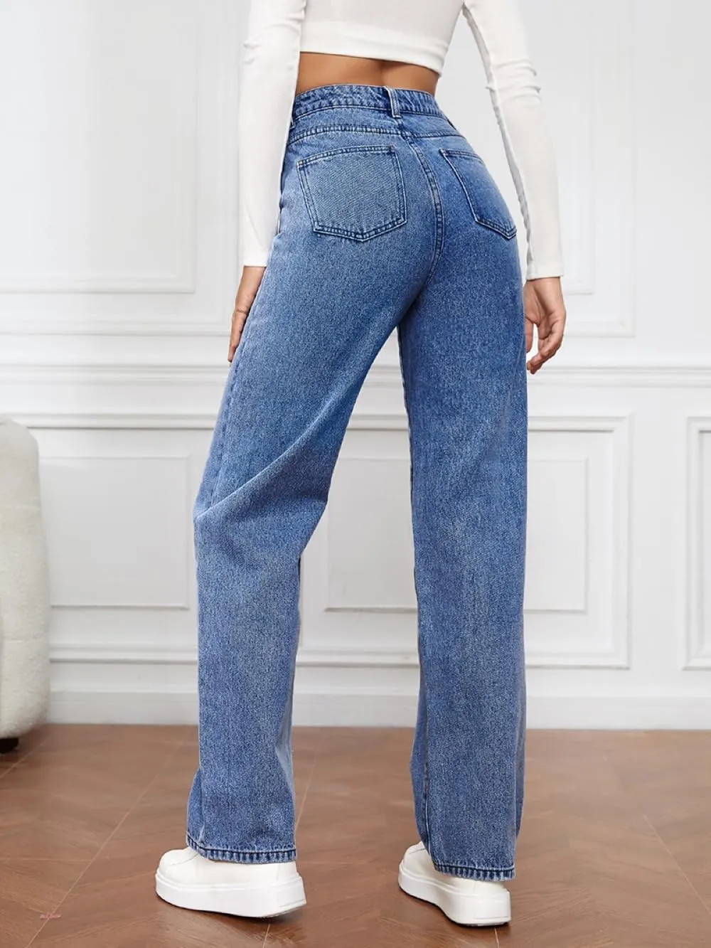 Women's High-Waisted Straight Jeans Stretch Loose Wide-Leg Denim Pants Street Casual Women's Jeans