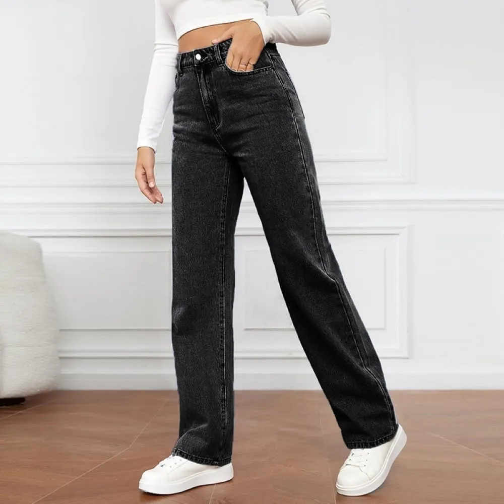 Women's High-Waisted Straight Jeans Stretch Loose Wide-Leg Denim Pants Street Casual Women's Jeans