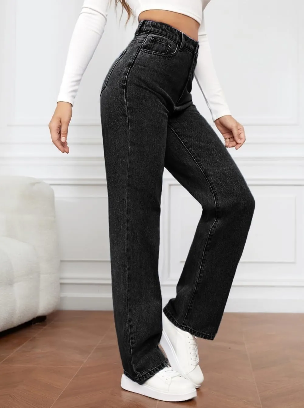 Women's High-Waisted Straight Jeans Stretch Loose Wide-Leg Denim Pants Street Casual Women's Jeans