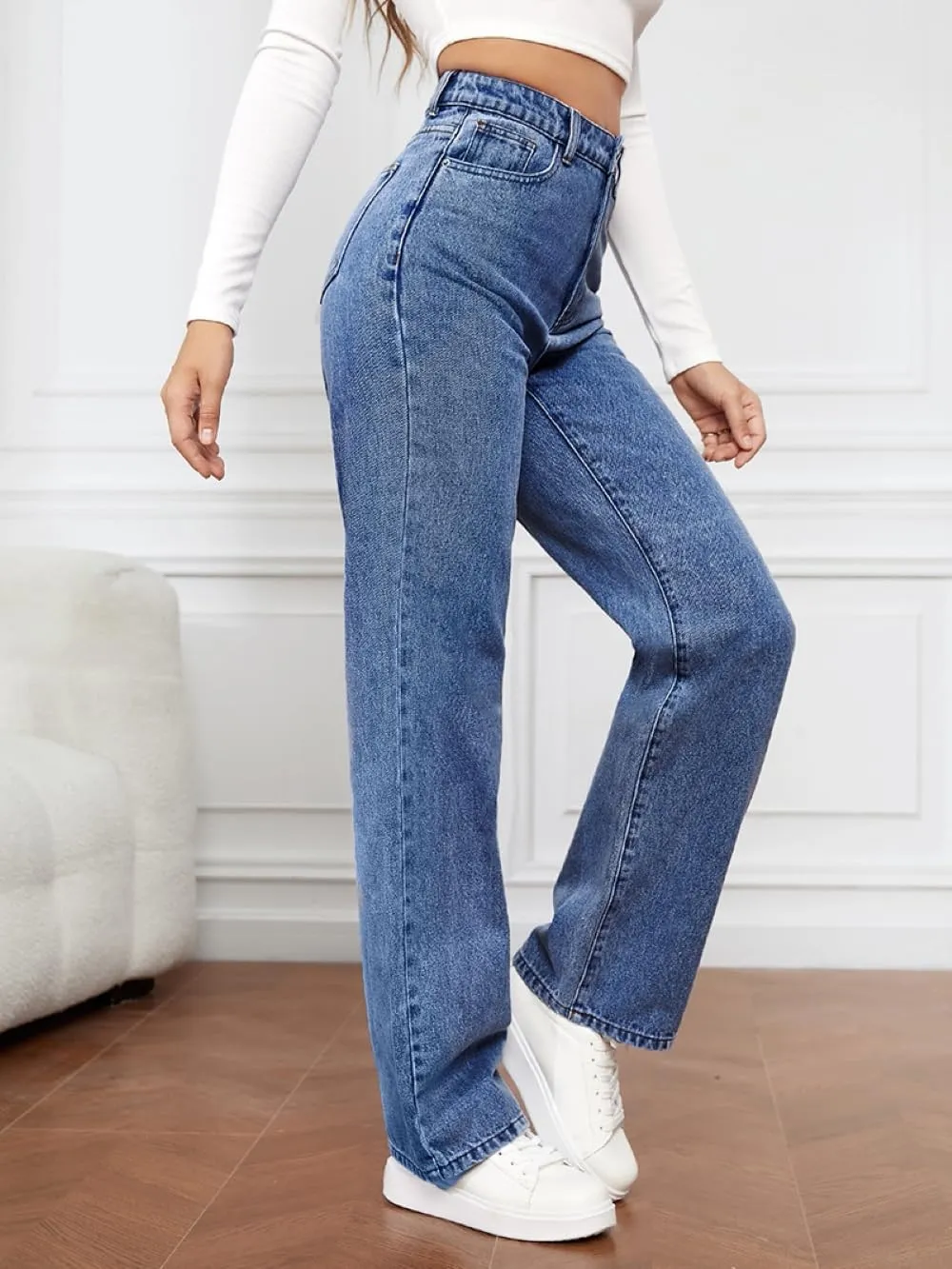 Women's High-Waisted Straight Jeans Stretch Loose Wide-Leg Denim Pants Street Casual Women's Jeans