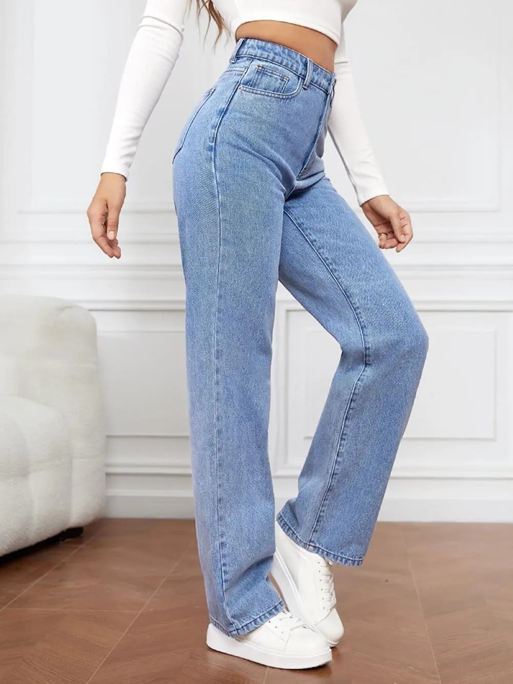 Women's High-Waisted Straight Jeans Stretch Loose Wide-Leg Denim Pants Street Casual Women's Jeans