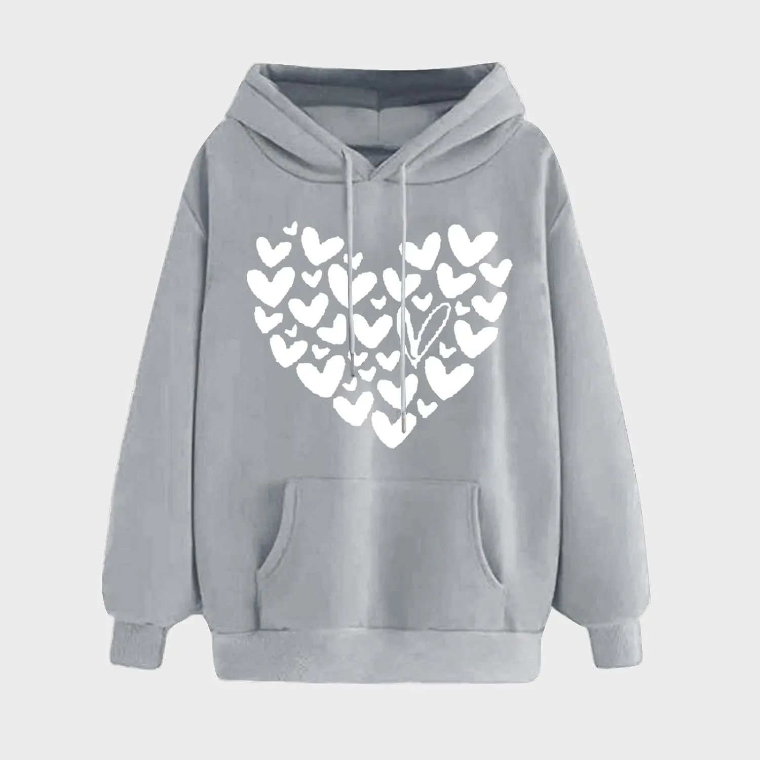 Womens Hoodies Pullover Fall Fashion Love Heart Print Long Sleeve Oversized Sweatshirt Loose Fit Blouses with Pockets