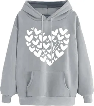 Womens Hoodies Pullover Fall Fashion Love Heart Print Long Sleeve Oversized Sweatshirt Loose Fit Blouses with Pockets