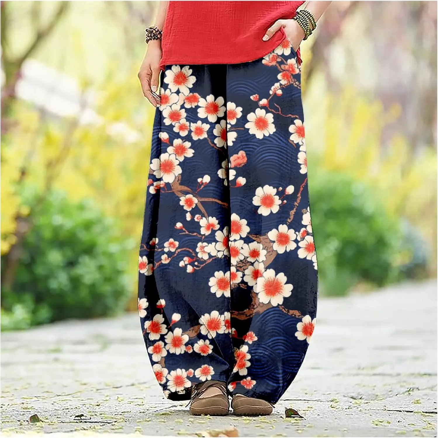 Womens Japanese Art Print Baggy Cotton Linen Pants Elastic Waist Wide Leg Flowy Boho Lounge Pants with Pockets